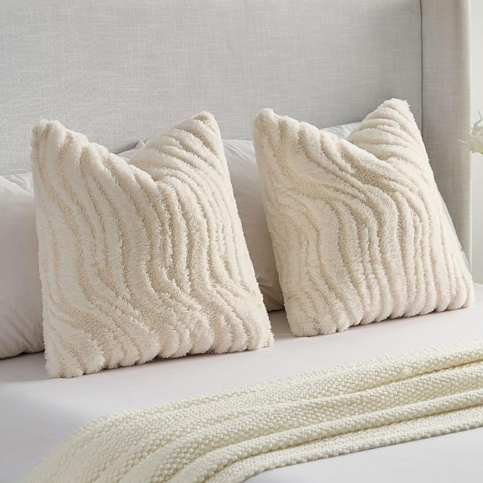 FUTEI Cream Decorative Throw Pillow Covers 18x18 Inch Set of 2,Soft Faux Fur Geometric Shapes Texture Cushion Case,Boho Home Decor for Couch Bed Living Room