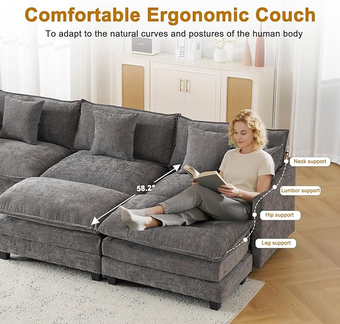111.4" Cloud Chenille Sectional Sofa 3+2|Modular 5-Seat Couch with Connector|FSC Solid Wood Frame|29.1" Deep Seat|1YR Comfort Guarantee