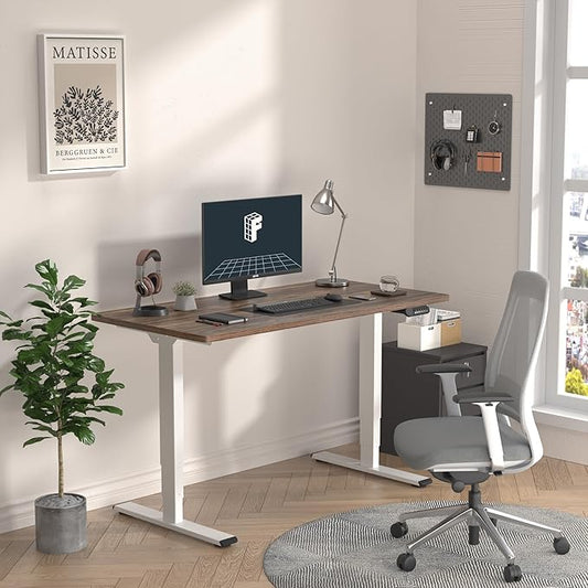 FLEXISPOT E6 3 Stages Dual Motor Electric Standing Desk 48x30 Inch Whole-Piece Board Height Adjustable Electric Sit Stand Desk(White Frame + Brown Wood Grain Desktop, 2 Packages)