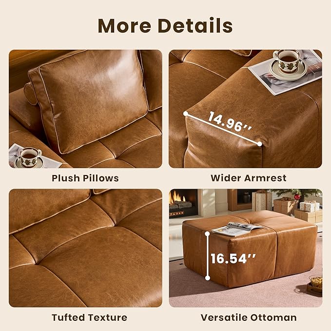 114" Cloud Sectional Couch with L-Shape Chaise & Ottoman, Modern Boneless Couches for Living Room, Fluffy Tufted Deep Seat Modular Sofa No Assembly (Faux Leather,Brown,Left Facing)