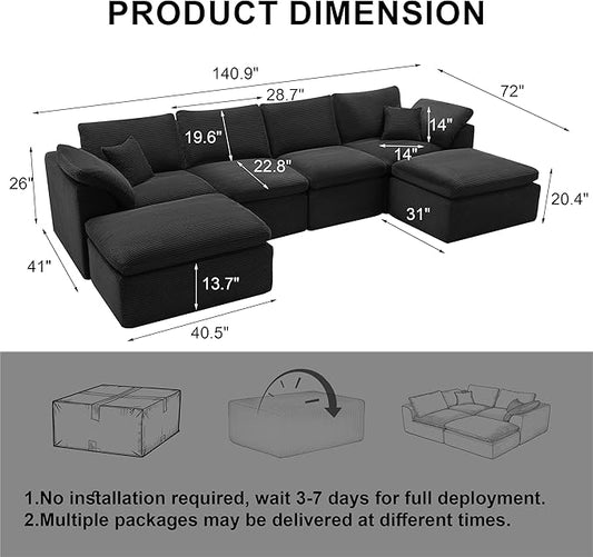 143" Cloud Sectional Couch, Boneless couches for Living Room,U Shaped Couch with Convertible Ottoman, Modular Sectional Sofa with Deep Seat, Comfy Soft Cushions, No Assembly, Black