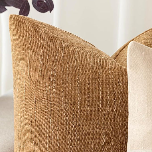 Foindtower Set of 2 Soft Textured Chenille Throw Decorative Pillow Covers Square Accent Solid Cushion Cover Neutral Farmhouse Pillow Case for Couch Sofa Bedroom Living Room 20x20 Inch,Golden Brown