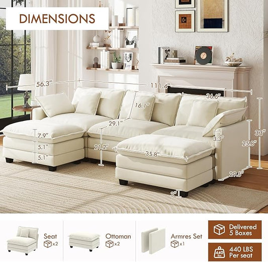 WorthFurni 111.4” Modular Sectional Sofa, U Shape Cloud Couch with 2 Movable Ottoman, Comfy Chenille Deep Seat Sofa with Soft Pillows for Apartment Living Room Bedroom(Beige)