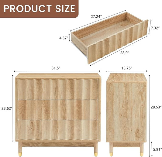 Fluted 3 Drawer Dresser, 31.5" Wide Modern Storage Chest of Drawers, Wood Drawer Organizer for Bedroom, Living Room, Hallway