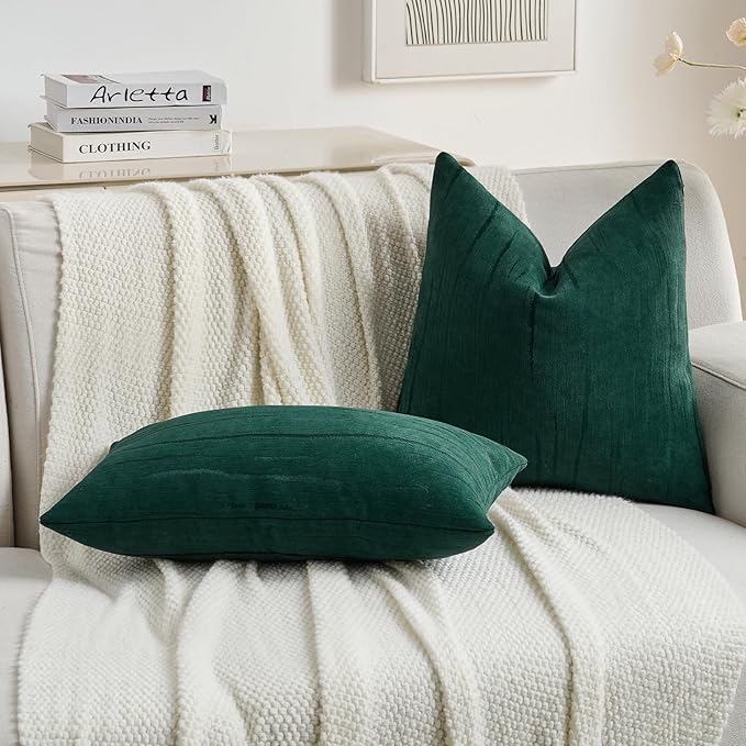FUTEI Dark Green Chenille Decorative Throw Pillow Covers 12x20 Inch Set of 2,Soft Embossed Striped Textured Lumbar Pillow Cases,Modern Home Decor for Couch Bed Living Room