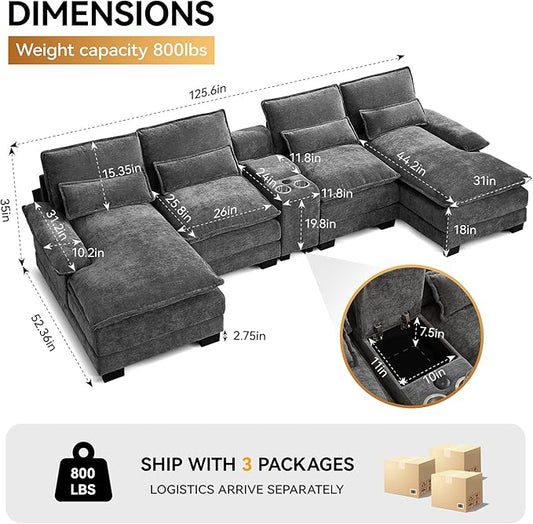 125'' U Shaped Cloud Modular Sofa with Chaise Lounges, Chenille Upholstered Comfy Sectional Couch with Storage Console, USB Charging Ports & Cup Holders, Modern Deep Seat Sofa for Living Room, Grey