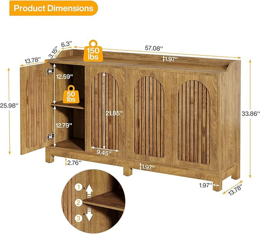 Tribesigns 57" Buffet Cabinet with Storage, Long Sideboard Cabinet with Doors & Adjustable Shelves, Wood Accent Sideboard for Dining Room, Living Room, Kitchen, Light Walnut Brown