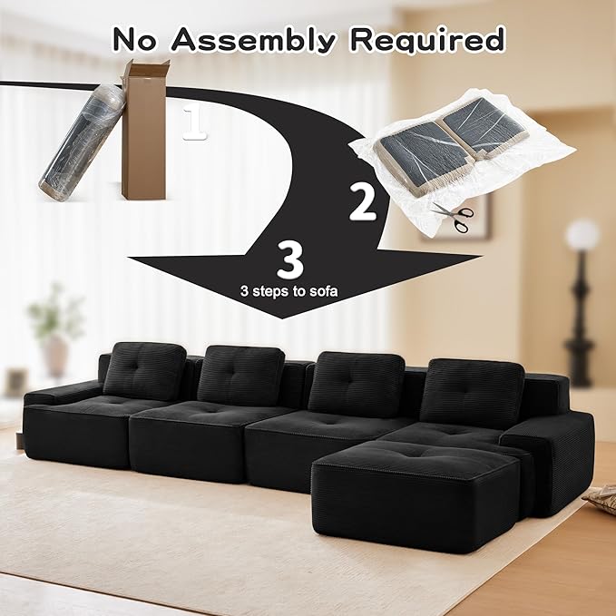 150.4” Black Boneless Couches for Living Room, Modular Sectional Sofa with L-Shape Chaise, 4 Seater Comfy Upholstered Deep Seat Corduroy Fabric Cloud Couch No Assembly, Anti-Slip Design