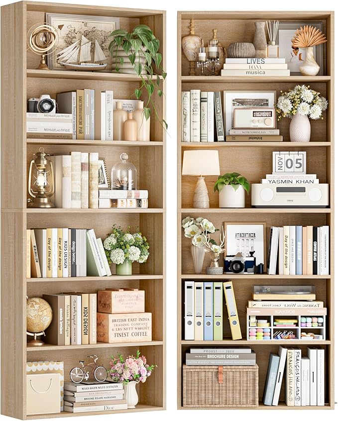 FOTOSOK 70.8" Tall Bookcase Shelf, 6 Tier Wide Bookshelf with Storage, Billy Bookcase Set of 2, Large Bookshelf for Living Room, Home Office,Light Oak