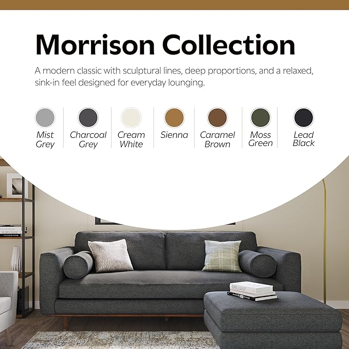 SIMPLIHOME Morrison 72-inch Wide Sofa in Charcoal Grey Woven-Blend Fabric, Handcrafted Mid-Century Modern Loveseat for Living Room or Family Room, Single Bench Cushion, Bolster Pillows