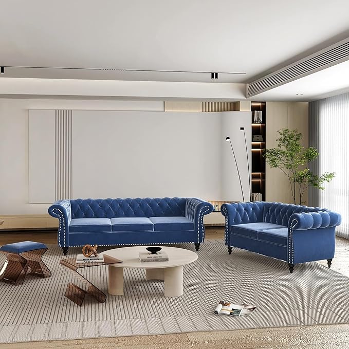 Chesterfield 3 Seater Sofa, Modern Velvet Tufted Couch 3 Seater with Rolled Arms and Nailhead Mid-Century Upholstered Couch for Living Room, Bedroom, Apartment and Office, Blue