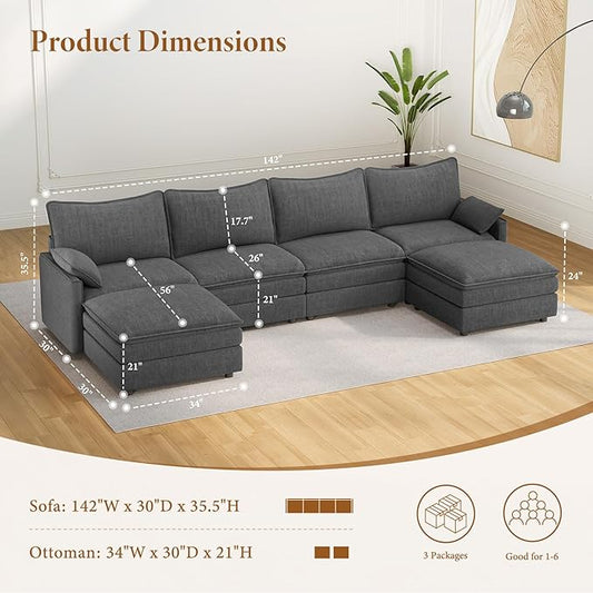 Vesgantti 142" U Shaped Sectional Couch, Comfy Cloud Modular Sectional Sofa with 2 Ottoman Deep Seat Chenille Modern Cloud Sofa, Modular Sofas for Living Room, Bedroom and Apartment, Gray