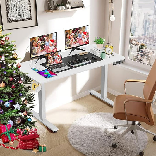farexon Electric Standing Desk Adjustable Height, 55x24 Inches Computer Desk with 4 Preset Heights, Double Metal Hook, Rolling Wheels, Multifunctional Stand up Desk for Home/Office(White)