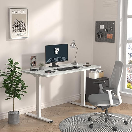 FLEXISPOT E6 3 Stages Dual Motor Electric Standing Desk 55x28 Inch Whole-Piece Board Height Adjustable Electric Sit Stand Desk(White Frame + Grey Wood Grain Desktop, 2 Packages)