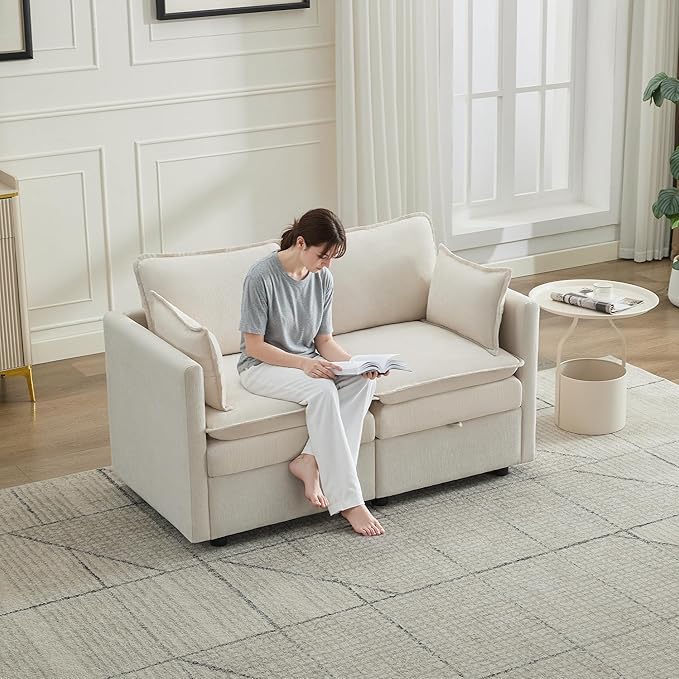 55" Cloud Modular Loveseat Sofa with Storage, Modern Upholstered Sofa Couch Small Love Seat,2 Seater Chenille Comfy Sectional Sofa with Armrests for Living Room, Small Space, Beige