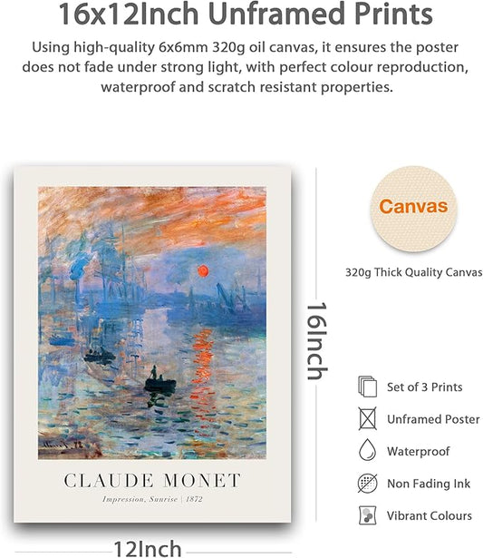 HesenDot Unframed Claude Monet Wall Art Set of 3,12x16in Water Lilies Impressionist Canvas Prints,Abstract Posters Decor,Minimalist Modern Artwork for Living Room Bedroom Office Home