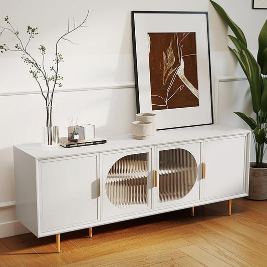 66" Modern TV Stand for TVs up to 75",TV Cabinet with Glass Door,Entertainment Center with Storage,Television Stands with Gold Legs,Media Console for Bedroom,Living Room,White