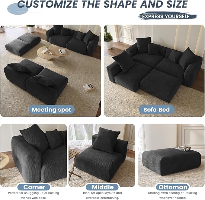 WJShome Cloud Couch Modular Sectional Sofa,102inch L Shaped Sofa with Ottoman,Black 3 Seater Corduroy Couch,Convertible Sectional Sofa for Living Room,Cushion Covers Removable& Washable