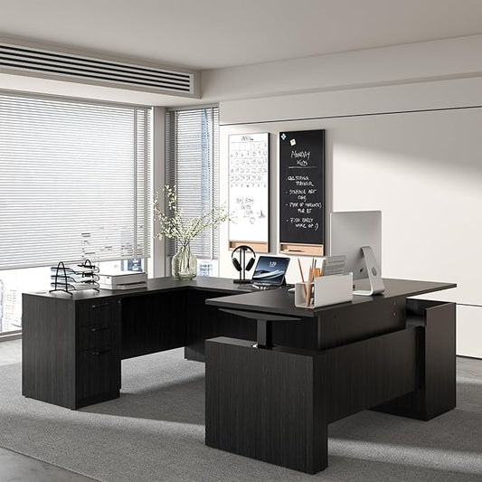 100.4'' Height Adjustable U-Shaped Executive Desk with 3-Drawer File Cabinet and Shelves (Grey-U)