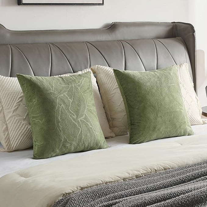 FUTEI Sage Green Velvet Throw Pillow Covers 16x16 Inch Set of 2,Soft Embossed Leaf-Relief Textured Cushion Cases,Natural Home Decor for Couch Living Room