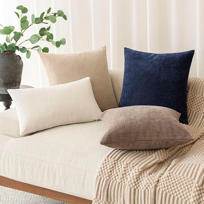 Foindtower Pack of 2 Soft Textured Chenille Throw Decorative Pillow Covers Square Accent Solid Cushion Cover Cozy Farmhouse Pillow Case with Zipper for Couch Sofa Bedroom Living Room 24x24 Inch, Taupe