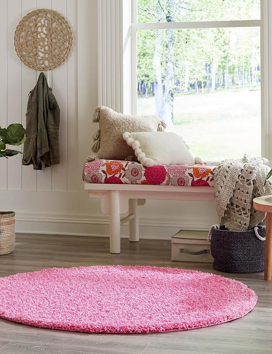 Unique Loom Solid Shag Collection Area Rug (4' 1" Round, Taffy Pink)