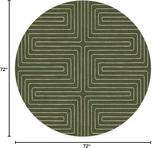 RUGGABLE x Jonathan Adler Machine Washable Area Rug – Labyrinth Fern Green 6 ft Round, Stain-Resistant, Non-Slip – Medium Rugs for Living Room, Bedroom, Hallway, Entryway & Office–with Cushioned Pad