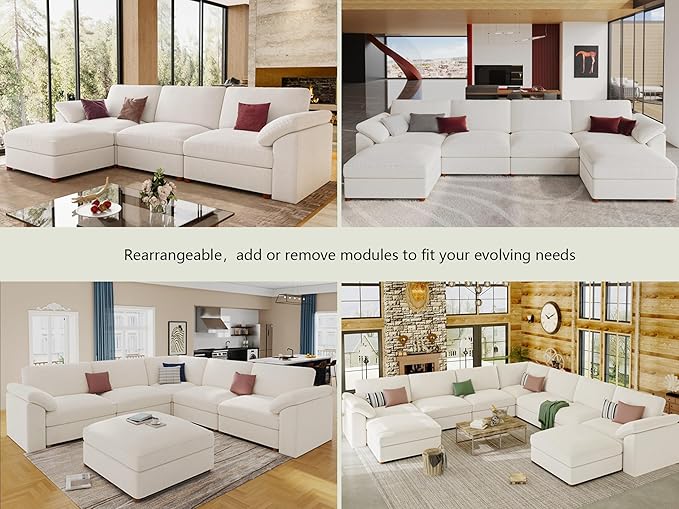 EASE MOOSE White Modular Sectional Sofa, FSC Certified Extra Large L Shape Sectional Couch, Comfty Wide Deep Modular Cloud Sofa with Ottoman, Removable and Washable