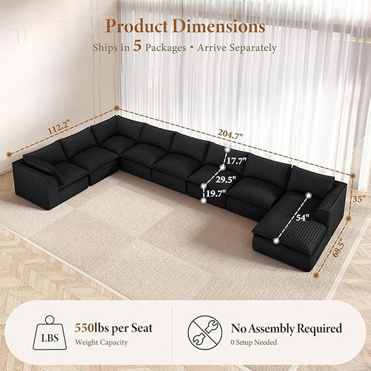 Vesgantti 204.7" Oversized Sectional Boneless Couch, Modern 9 Seater Modular Sofa with Chaise, Deep Seat Convertible Plush Corduroy Cloud Couches for Living Room, No Assembly Required, Black