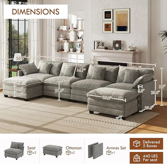WorthFurni 146” Oversized Modular Sectional Sofa, U Shaped Cloud Couch Set for Living Room, 4-Seater Comfy Chenille Couches with 2 Movable Ottomans, DIY Combination (Grey)
