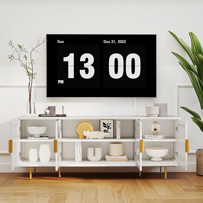 66" Modern TV Stand for TVs up to 75",TV Cabinet with Glass Door,Entertainment Center with Storage,Television Stands with Gold Legs,Media Console for Bedroom,Living Room,White