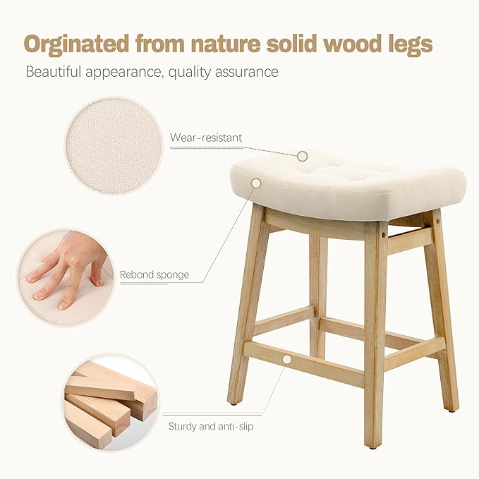 Counter Height Bar Stools Set of 3 for Kitchen Counter Farmhouse Modern Barstools with Upholstered Fabric Backless Seat and Solid Wood Legs 24 inch Bar Chairs, Khaki + Wood Color
