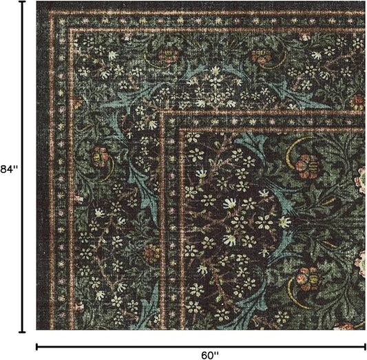 RUGGABLE x Morris & Co Washable Area Rug– Blackthorn Forest Green 5x7, Stain-Resistant, Non-Slip – Medium Machine Washable Rugs for Living Room, Bedroom, Hallway, Entryway & Office–with Cushioned Pad