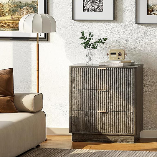 Mid Century Modern 3 Drawer Dresser for Bedroom, Fluted Wood Nightstand with Round Edge Design, Shallow Bedroom Storage for Closet, Living Room(Charcoal Oak)