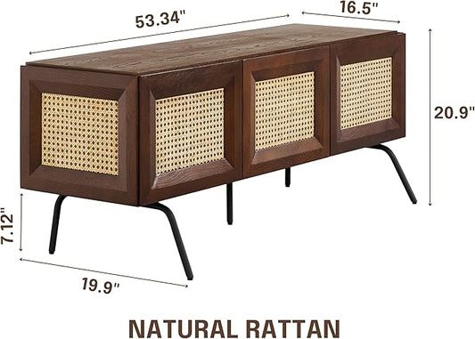 NTC Mossic TV Media Cabinet with 3 Doors for TVs, Entertainment Center with Natural Rattan, Metal Legs, Modern Storage Console for Living Room and Bedroom, Effortless Assembly, Dark Walnut