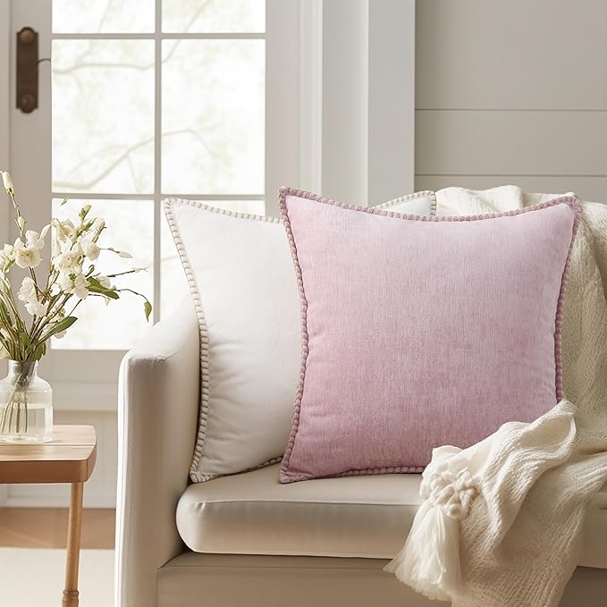 decorUhome Chenille Soft Throw Pillow Covers 24x24 Set of 2, Farmhouse Velvet Neutral Decorative Euro Pillow Covers with Stitched Edge for Couch Sofa Bed Home Decor, Blush Pink