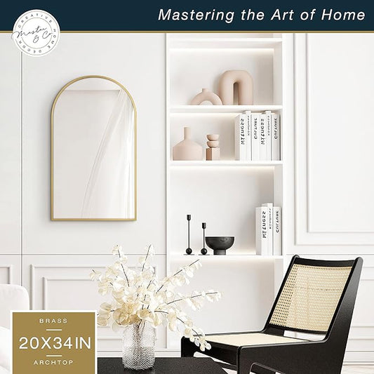 MCS Master & Co. Modern Metal Large Wall Mirror, Minimalist Home Decor Arch Mirror for Living Room, Bedroom, or Bathroom, 20 by 34 Inch, Brass