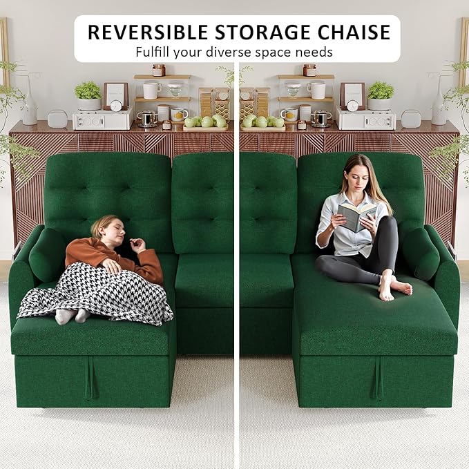Ucloveria Sleeper Sofa Bed, 86" Convertible Sectional Sofa Couches for Living Room, Pull Out Couch Bed with Reversible Storage Chaise | USB Ports | Side Pockets | Removable Backrest