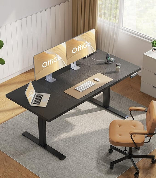OffiGo Electric Standing Desk with 3-Piece Board, 71 Inch Height Adjustable Large Desk with Power Outlets, Sit Stand Table, Writing Computer Desk for Home, Office, Workstation, Black