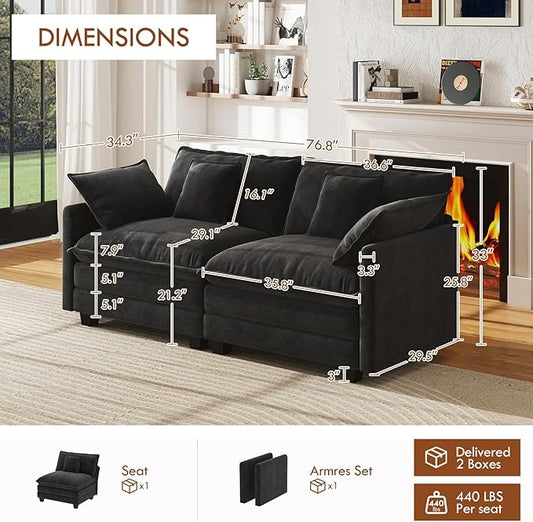 WorthFurni 77 Inch Cloud Sofa Loveseat, Comfy Sectional Couch, 2-Seater Chenille Deep Seat Sofa with Throw Pillows for Living Room Bedroom Apartment (Black)