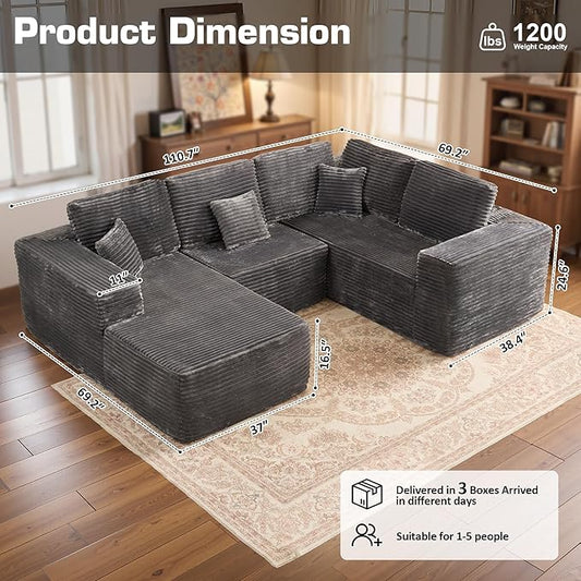 Weaxty Boneless Sectional Couch, U Shaped Modular Cloud Couches with Chaise, Plush Corduroy Memory Foam Deep Seat Floor Sofa, No Assembly Required,Gray