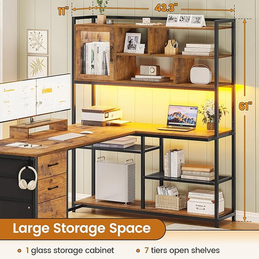 SEDETA L Shaped Computer Desk, 58'' Office Desk with 3 Drawers and Bookshelf, L Shaped Corner Desk with Storage Shelves and LED Light for Home Office, Gaming Desk, L Desk, Rustic Brown