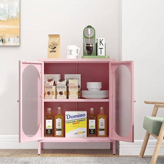 Display Cabinets with 2 Acrylic Doors,Small Pantry Cabinet, Storage Closet with Adjustable Shelf and High Feet, Pink Cabinet for Home, Office, Living Room,Dining Room,Sideboard, Hallway and Entryway