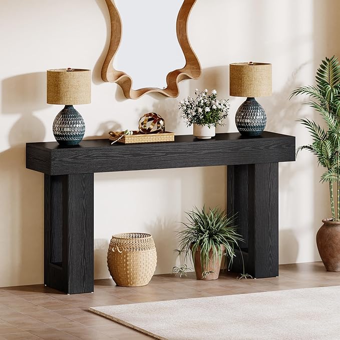 Tribesigns 63-Inch Long Console Table, Farmhouse Wooden Sofa Table Behind The Couch, Narrow Entryway Table for Entrance, Hallway, Living Room (Black)