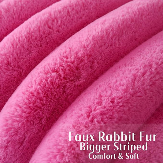 FUTEI Hot Pink Decorative Throw Pillow Covers 16x16 Inch Set of 2, Square Soft Faux Rabbit Fur Thick Striped Cushion Cover,Winter Home Decor for Couch Bed Living Room