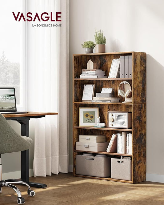 VASAGLE Custos Collection - Bookshelf, 5-Tier Bookcase, Book Shelf, Open Storage Shelf, 9.4 x 30 x 52.8 Inches, for Living Room, Home Office, Dinning Room, Rustic Brown ULBC175X01