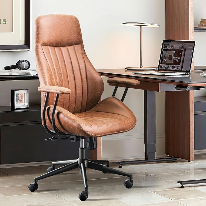 ovios Home Office Ergonomic Chair, Mid-Century Modern Luxury Faux Suede Leather Chairs, Comfy High Back Computer Swivel Rolling Task Armchair for Executive, Brown