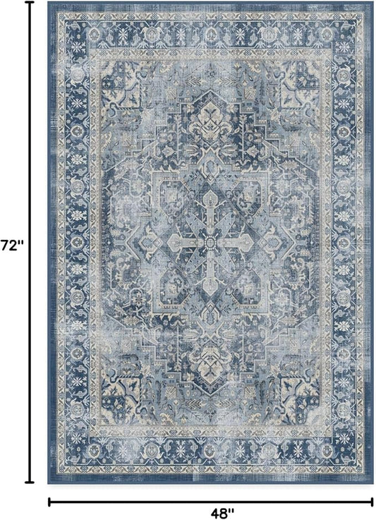 RUGGABLE Washable Area Rug – Kamran Admiral Blue 4x6, Stain-Resistant, Non-Slip – Medium Machine Washable Rugs for Living Room, Bedroom, Hallway, Entryway & Office–with Cushioned Pad