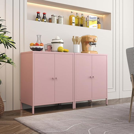 Metal storage Cabinets with 2 Doors,Small Pantry Cabinet, Storage Closet with Adjustable Shelf and High Feet, Pink Cabinet for Home, Office, Living Room,Dining Room,Sideboard, Hallway and Entryway