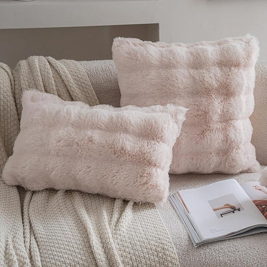 Neelvin Beige Faux Fur Cozy Soft Double-Sided Decorative Throw Pillow Covers 12x20 inch Set of 2,Velvet Pillowcase Cushion Case for Sofa Couch